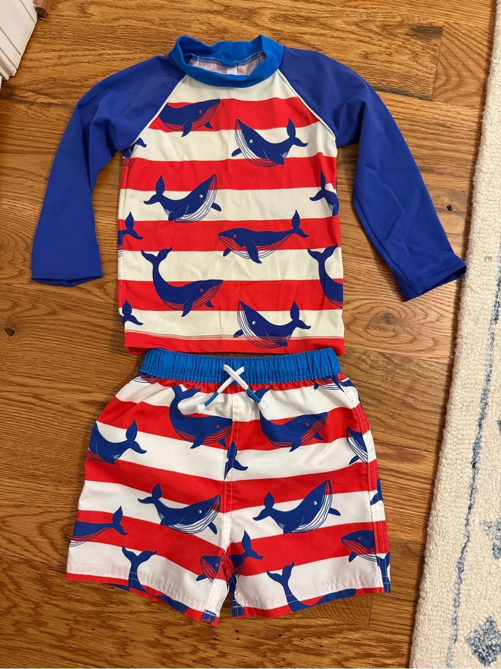 Mini Boden Sun Safe Rash Guard Set Whales Red White and Blue Size 2-3 Years